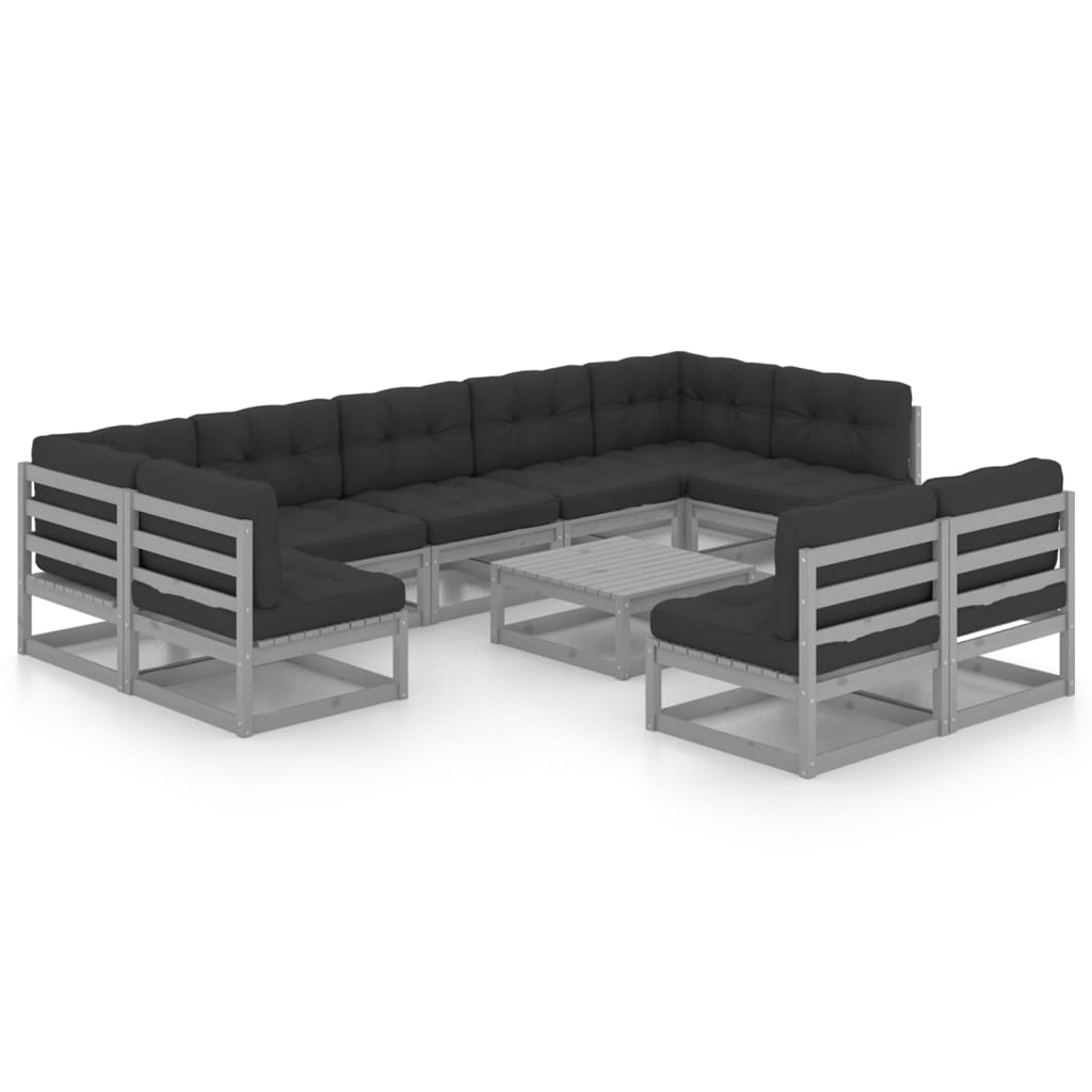 10-tlg. Garten-Lounge-Set mit Kissen Grau Kiefer Massivholz.
